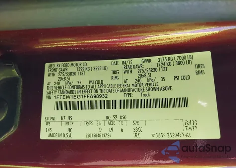 2015 Ford F-150 Lariat from USA, damaged, VIN 1FTEW1EG1FFA98932